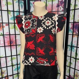 RED VALENTINO FLORAL PRINTED COTTON BLOUSE